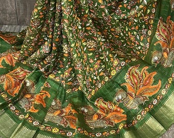Kalamkari Print Green Silk Linen Saree / Free Shipping In US