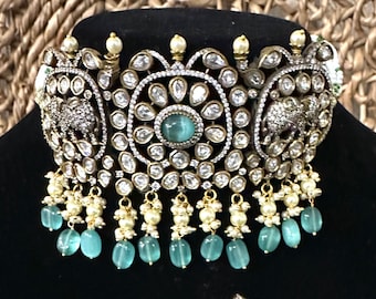 Aquamarine Choker Necklace and Earrings Set /  Free Shipping in US