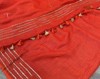 Embroidered Sequins Orange-Red Pure Linen Saree /Free Shipping In US