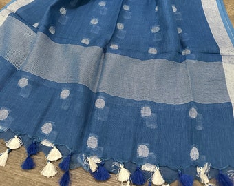 Blue Pure Linen Dupatta/Stole/Wrap, Free Shipping in US