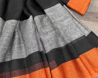 Orange and Black Linen Saree / Fall attached/ Free Shipping In US