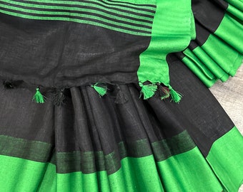Black Green Linen Saree / Fall attached/ Free Shipping In US