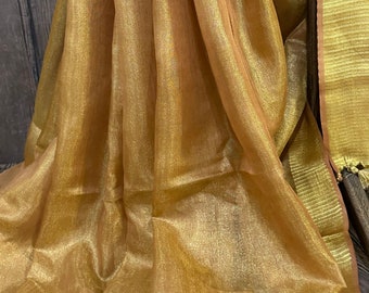 Gold Copper Linen Tissue Saree / Beautiful and lightweight /Free Shipping In US