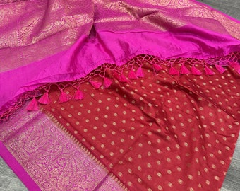 Rust Red Banarsi Cotton Silk Saree /Vegan Saree /Free Shipping In US