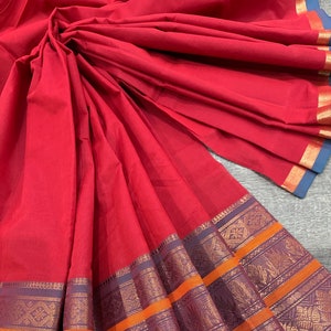 Red Kanchi Cotton Saree / Floral Blouse Fabric / Free Shipping in US