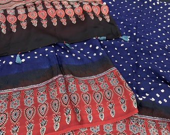 Bandhej and Ajrakh Modal Silk Saree /Hand Printed / Free Shipping in US