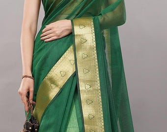 Green Saree / Chanderi Cotton by Silk Saree / Vegan Saree / Free Shipping in US