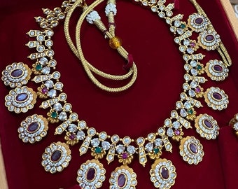 Studded necklace and earrings set/ CZ, Ruby red and green stones/ Free Shipping in US