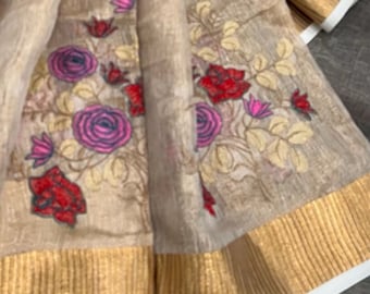 Embroidered Copper Linen Tissue Saree / Free Shipping In US