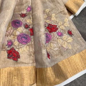 Embroidered Copper Linen Tissue Saree / Free Shipping In US