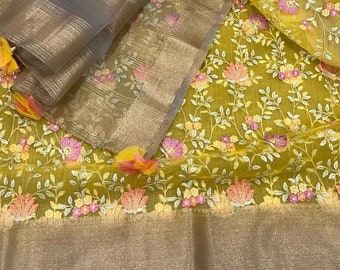 Embroidered Yellow Organza Saree /Free Shipping In US
