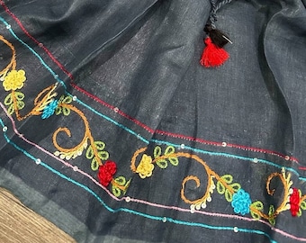 Hand Embroidered Pure Linen Saree / Free Shipping In US