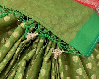 Green Banarsi Chanderi Silk Cotton Saree/  Free Shipping In US