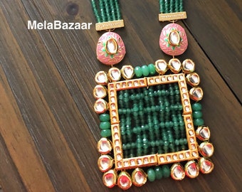 Kundan necklace and earrings set With Green Onyx/ Free Shipping