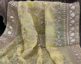 Embroidered Organza Pale Yellow Dupatta /Stole /Wrap, Free Shipping in US