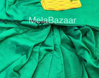 Plain Green Saree /Soft Cotton Silk/ Free Shipping in US