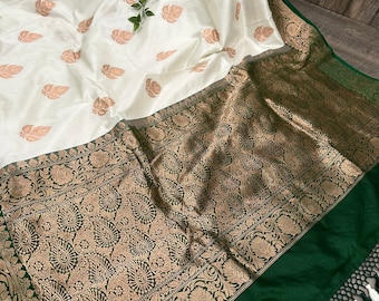Pure Katan Silk White Banarasi Saree / Free Shipping In US