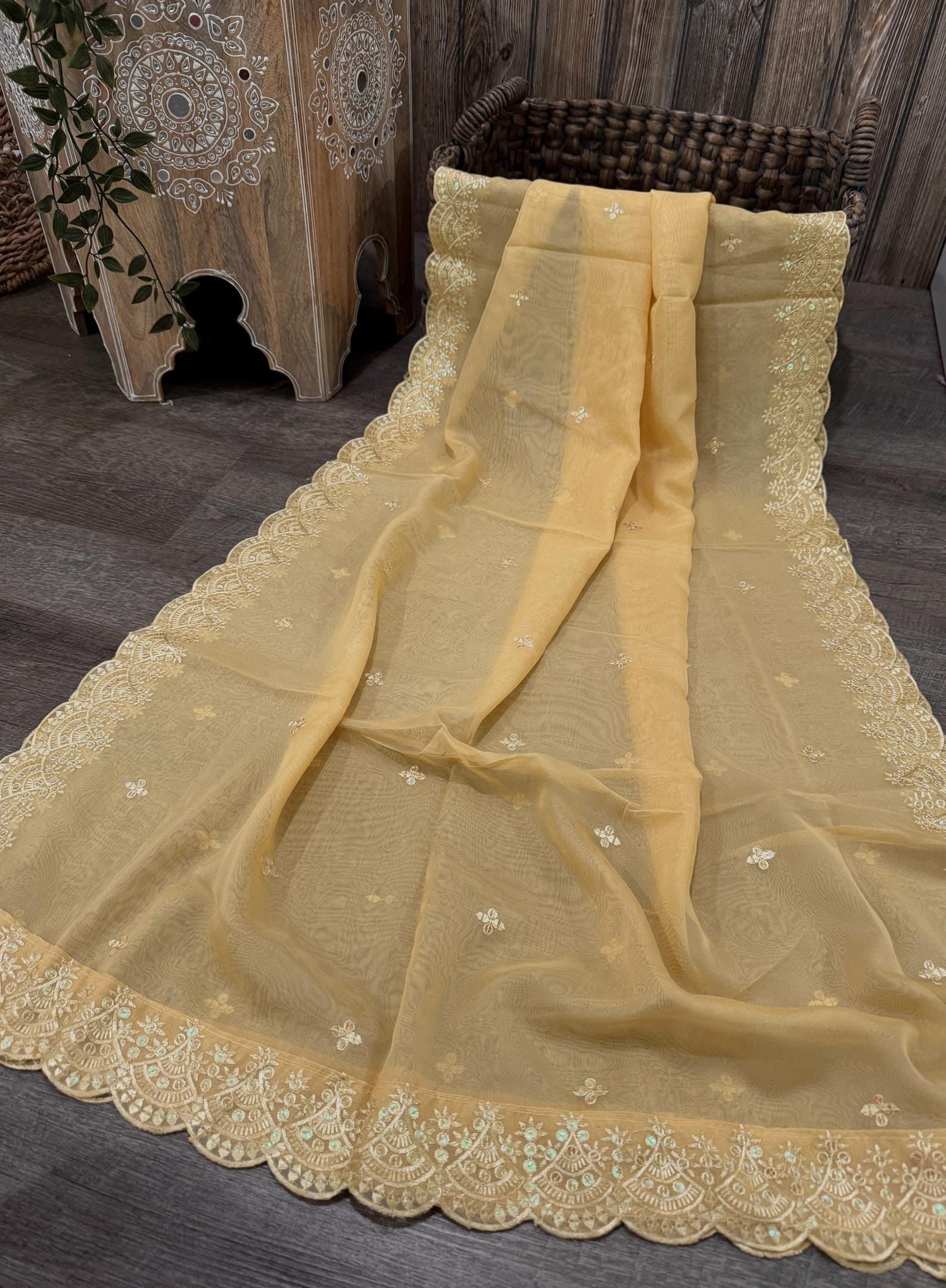 Pastel Yellow Organza Dupatta with Delicate Floral Thread Work