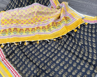 Yellow and Black Printed Pure Linen Saree /Free Shipping In US