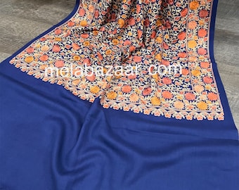 Blue Embroidered Pure Wool Shawl / Kashmiri Stole / Free Shipping in US
