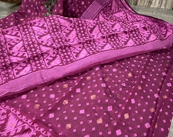 Plum Jamdani Saree / Fall Attached/ Free Shipping in US