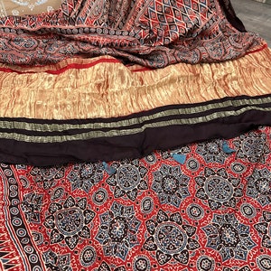 Ajrakh Hand Print Red Modal Silk Saree / Free Shipping in US