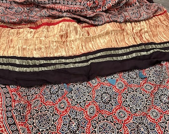 Ajrakh Hand Print Red Modal Silk Saree / Free Shipping in US