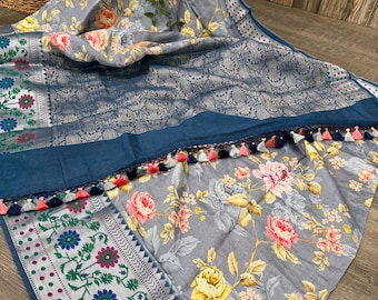 Gray Floral Banarasi Saree / Pure Chanderi Silk Cotton / Free Shipping In US