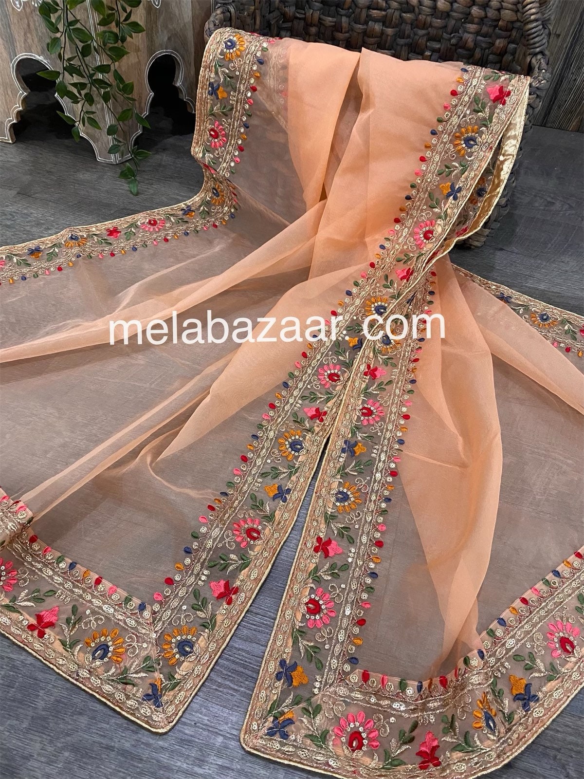 Embroidered Peach Organza Dupatta /stole/wrap, Free Shipping in US 