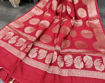 Red Banarasi Dupatta Pure Chanderi Silk by Cotton / Free Shipping in US