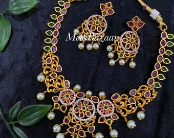 Indian necklace and earrings set/ Ruby red and green stones with pearls / Free Shipping in US