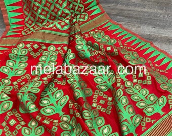 Red and Green Saree/  Jamdani Saree / Fall Attached/ Free Shipping in US