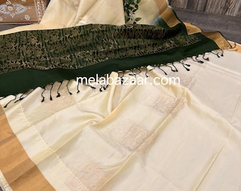 Pure Silk Kanjivaram Cream and Green Saree / Silk Mark Certified / Free Shipping In US