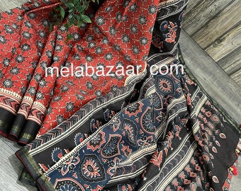 Chanderi Silk by Cotton Ajrakh Print Saree /Free Shipping In US