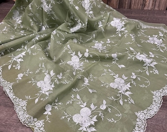 Embroidered Sage Green Organza Saree / Free Shipping in US