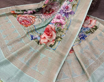 Blue Floral Banarsi Dupatta / Pure Chanderi Silk /Free Shipping in US