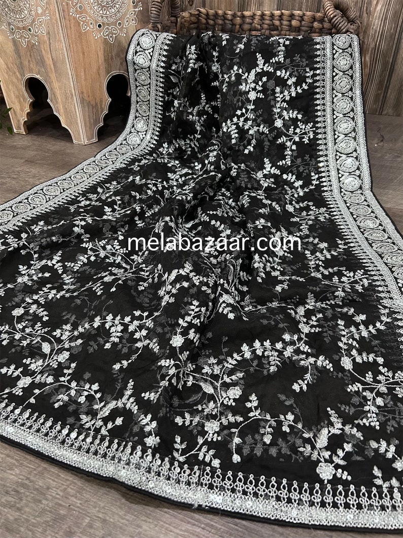 Embroidered Organza Black and Silver Dupatta /Stole /Wrap, Free Shipping in US image 2