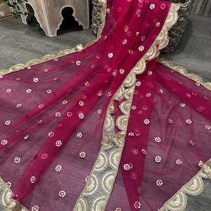 Hot Pink Net Dupatta /Stole/Wrap, Free Shipping in US
