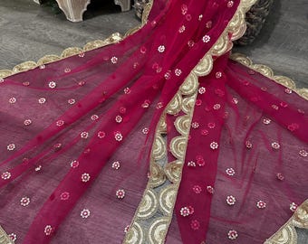 Hot Pink Net Dupatta /Stole/Wrap, Free Shipping in US