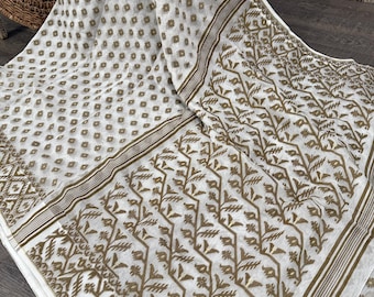 White Jamdani Soft Saree / Fall Attached/ Free Shipping in US