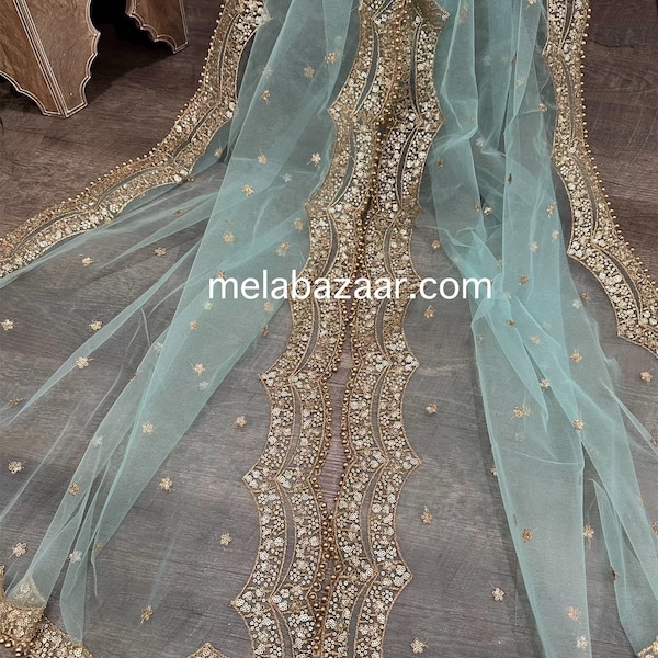 Aqua Blue Net Dupatta / Stole / Wrap / Free Shipping in US