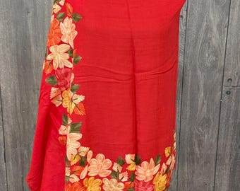Red Embroidered Pure Wool Shawl/ Kashmiri Stole/76 in by 28 in /Free Shipping in US