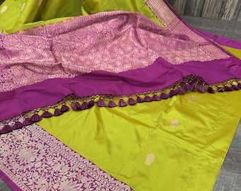 Lime Green Banarasi Handloom Saree / Pure Katan Silk / Free Shipping In US