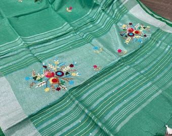 Green Pure Linen Saree Embroidered / 100 count linen saree / Free Shipping In US
