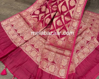 Hot Pink Banarsi Dupatta / Chanderi Silk by Cotton / Free Shipping in US