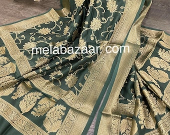 Green Banarsi Dupatta /Stole/Wrap/ Pure Chanderi Silk by Cotton/ Free Shipping in US
