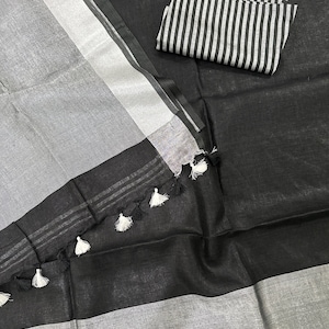 Wide Border Black Linen Saree / Silver and Black Pure Linen Saree /Free Shipping In US