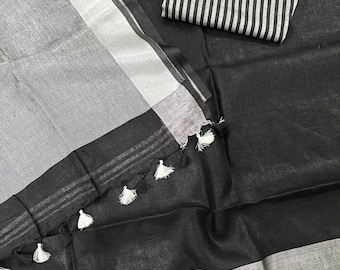 Wide Border Black Linen Saree / Silver and Black Pure Linen Saree /Free Shipping In US