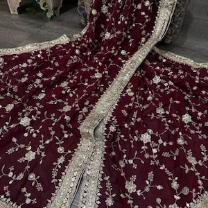 Embroidered Georgette Dark Maroon Dupatta /Scarf / Wrap/Free Shipping in US