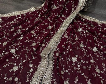 Embroidered Georgette Dark Maroon Dupatta /Scarf / Wrap/Free Shipping in US